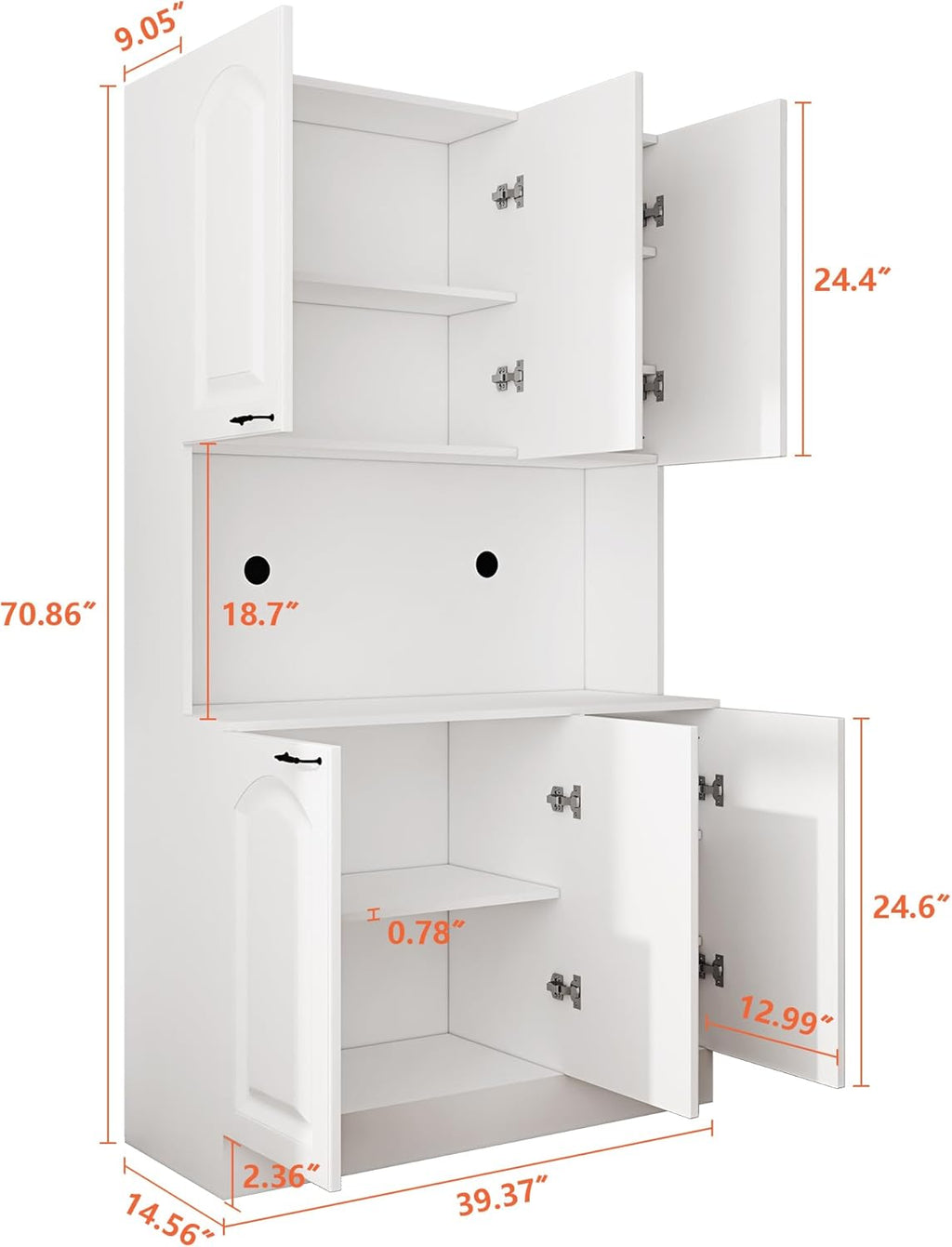 Tall Storage Cabinet with Shelves and Microwave Stand, White Z8529