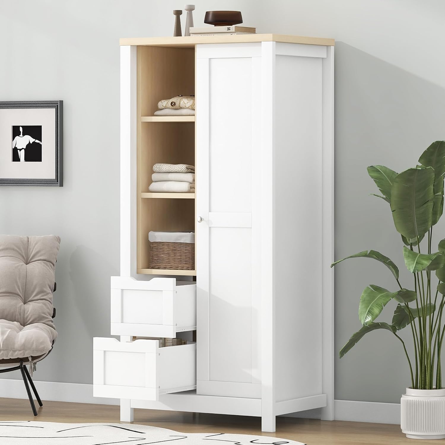 Wardrobe Closet Organizer with 2 Drawers, Open Shelves and Hanging Rods, White Y359