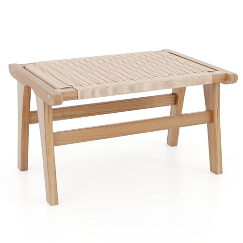 Tangkula Teak Wood Ottoman Footstool, Natural Teak Wooden Foot Rest with Braided Rope for Living Room Bedroom Office, 14" H, Indoor (1)