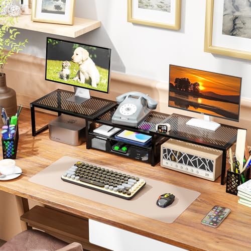 Dual Metal Monitor Stand Riser with Drawer and Pen Holder, Adjustable Angle, Black Q819739