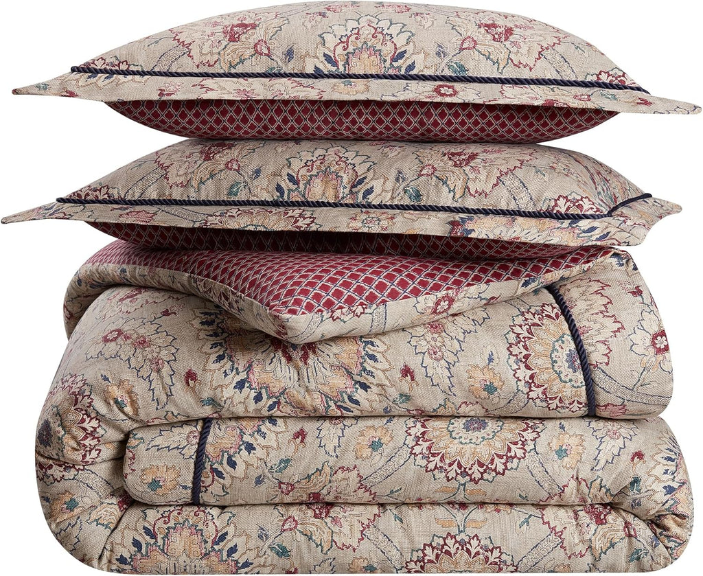 Cotton Comforter Set with Bed Skirt and Pillow Shams, Queen, Beige & Maroon Q2086