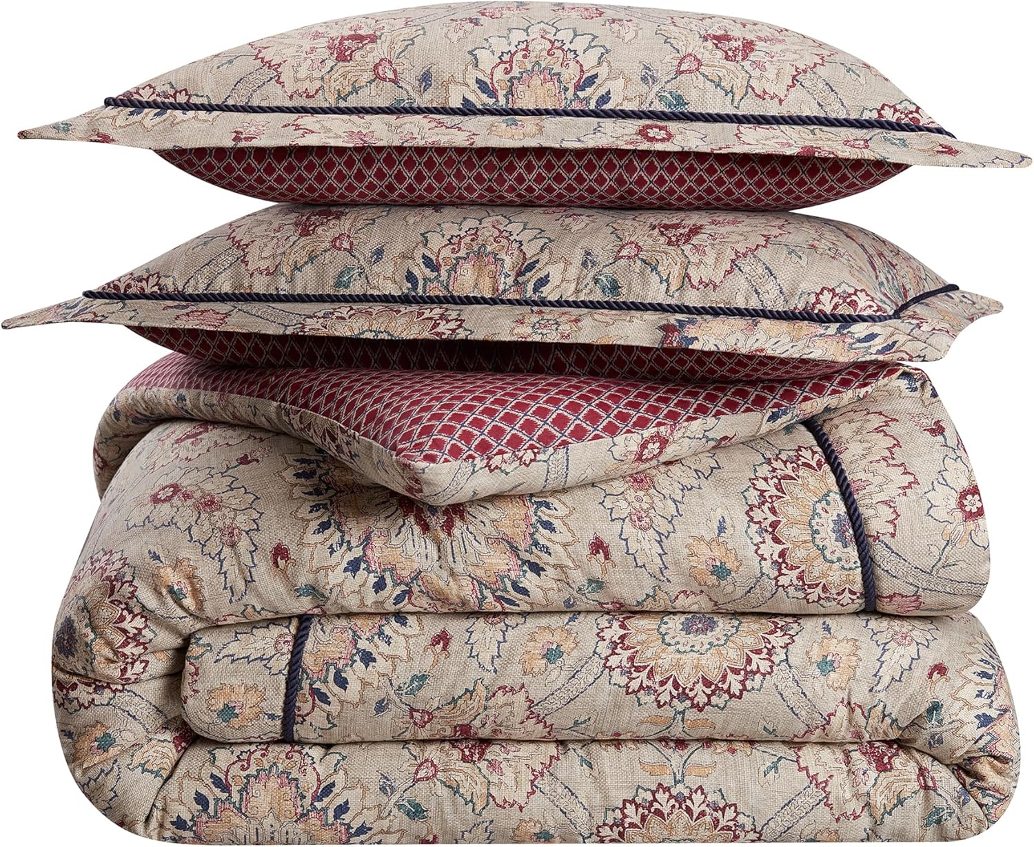 Cotton Comforter Set with Bed Skirt and Pillow Shams, Queen, Beige & Maroon Q2086