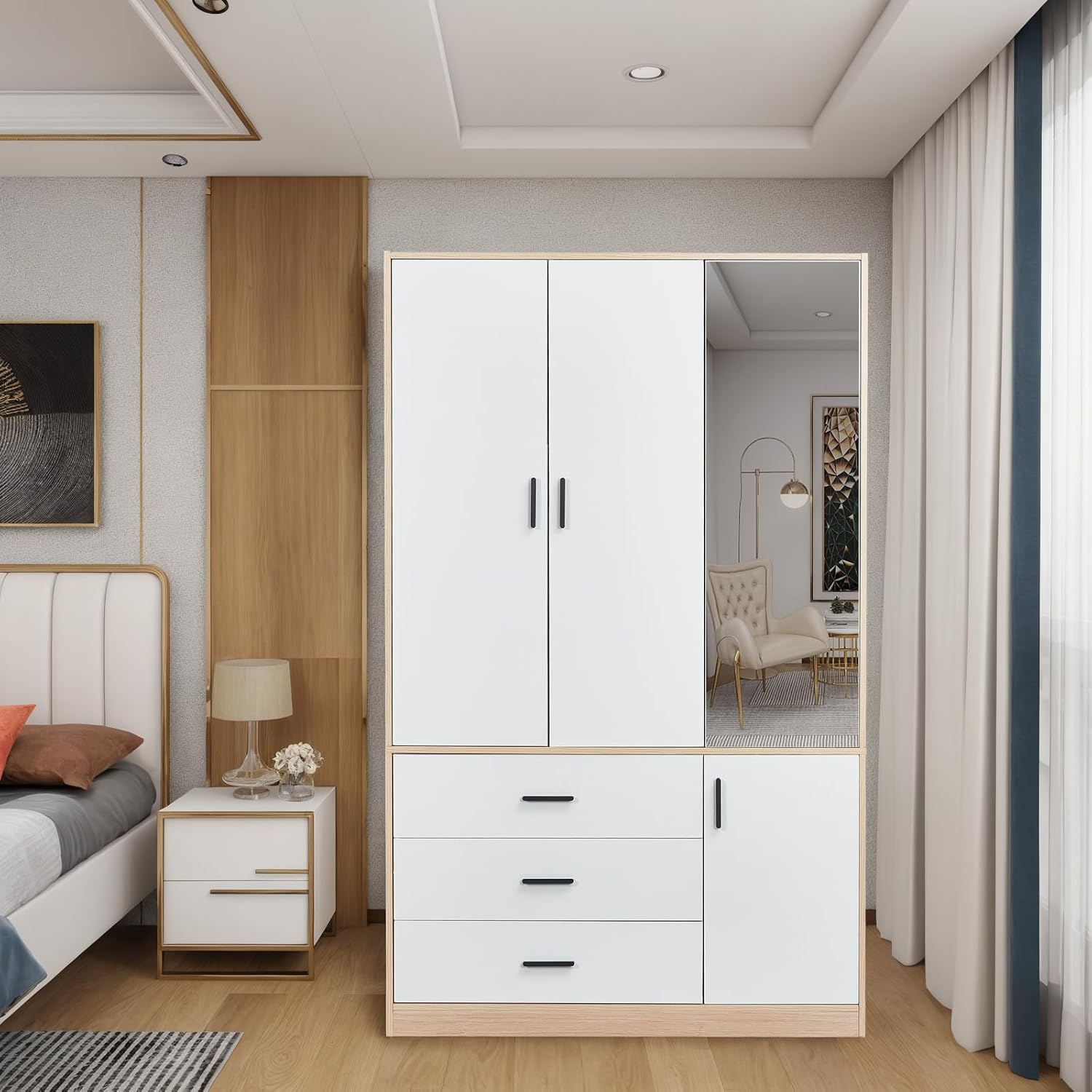 Wardrobe Closet with 3 Drawers, 2 Doors, and Mirror C1354