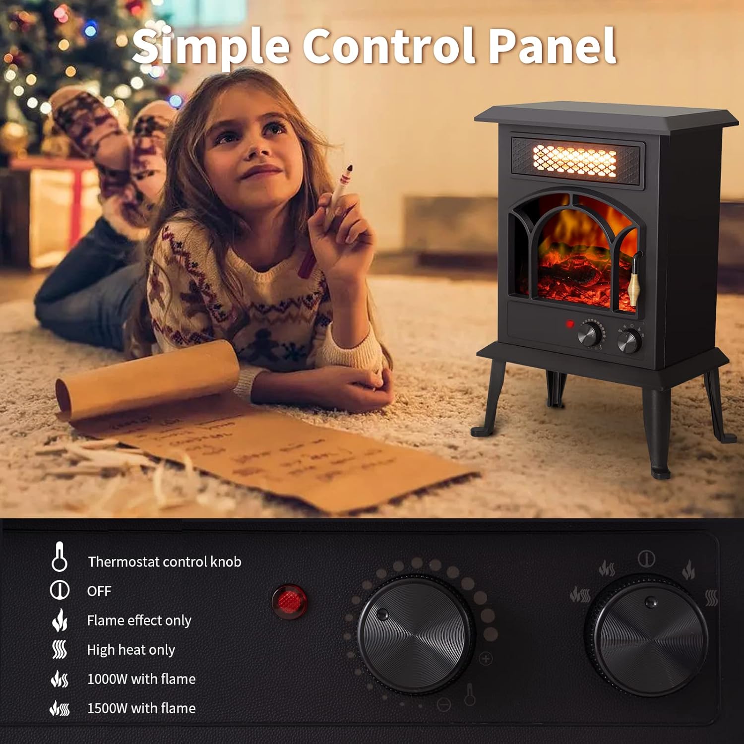 Electric Fireplace Heater, 1500W Portable Infrared Stove with Realistic Flame Effects K372397