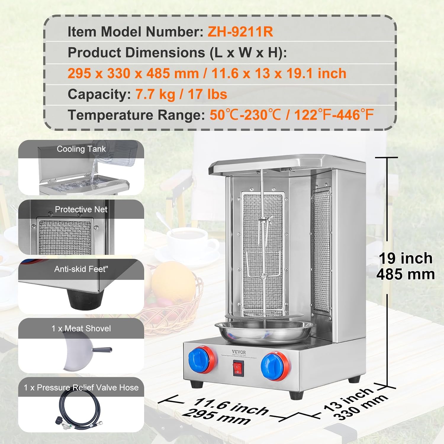 Shawarma Grill Machine, 13 lbs Capacity, 2 Burners, Vertical Broiler V71287