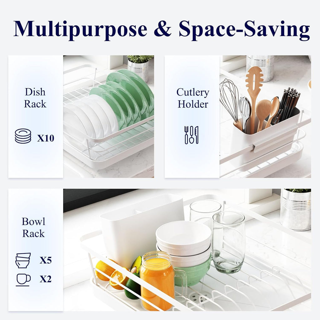 Dish Drying Rack for Kitchen Counter, Stainless Steel with Cutlery Holder, White D503