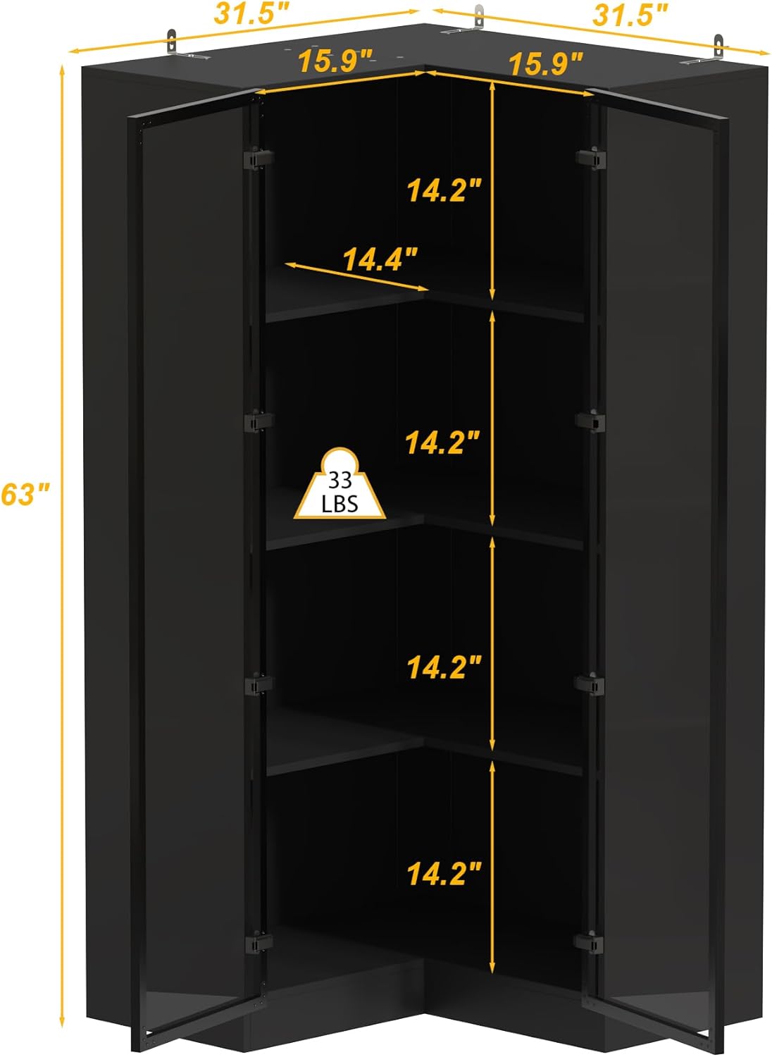 Corner Storage Cabinet with Glass Door and Light, 2 Doors and 4 Shelves, Black W407994
