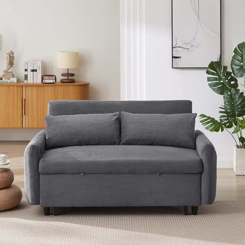 Sleeper Sofa Couch Bed with USB Ports, 57" Corduroy Convertible Futon, Grey S414699