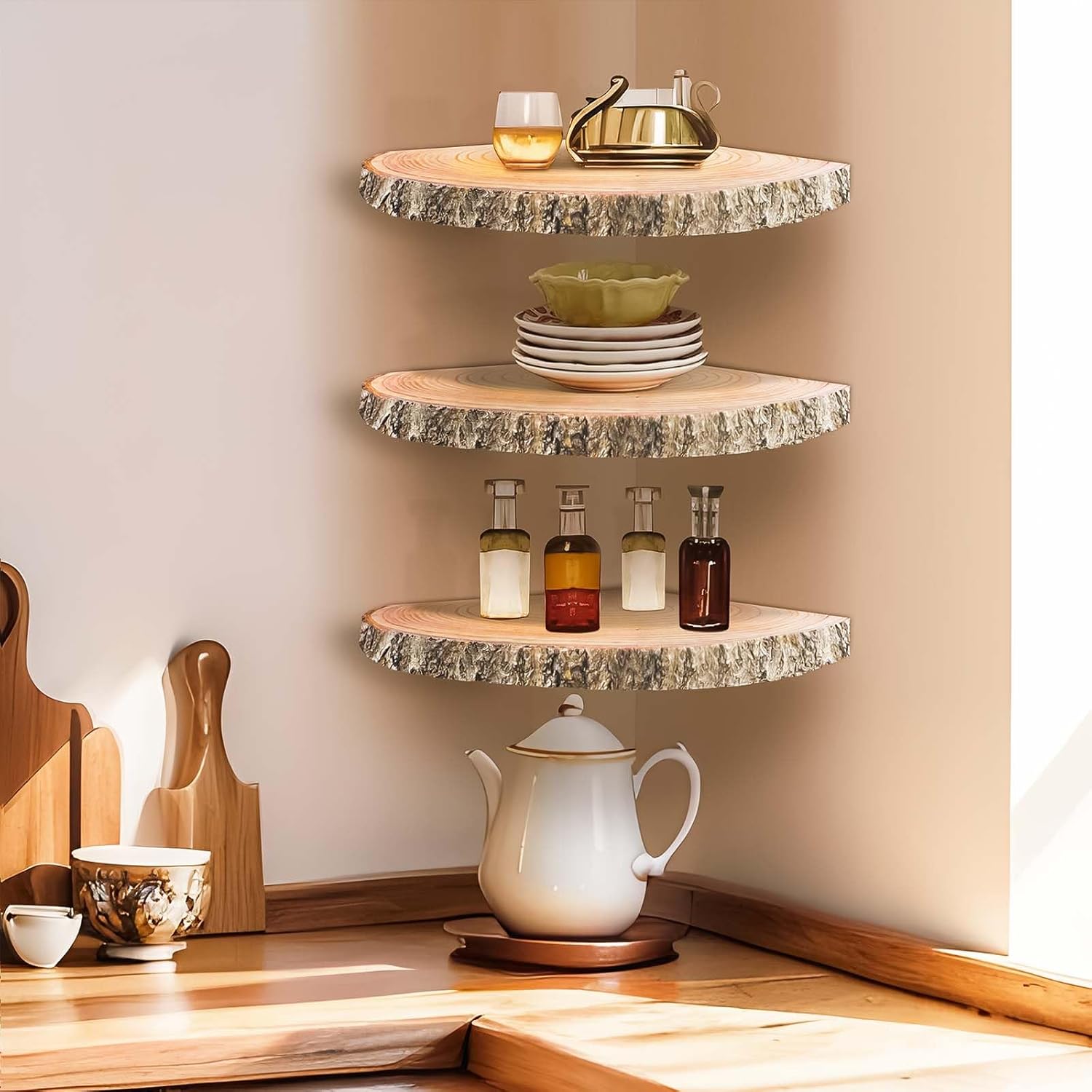 Wall Mounted Wood Corner Floating Shelves 3Pcs for Bedroom Bathroom Living Room J652864