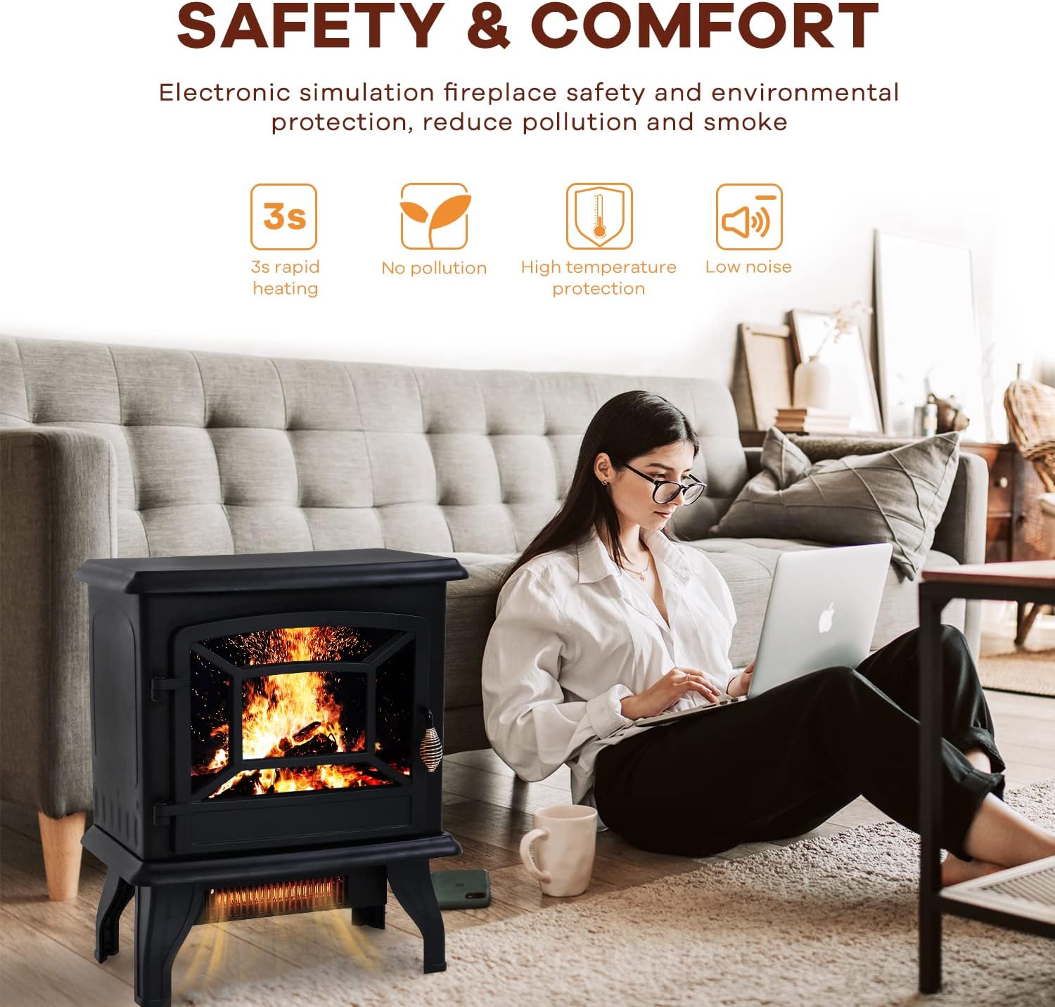 Electric Fireplace Heater with 3D Flames, Freestanding TV Stand, 1500W B773