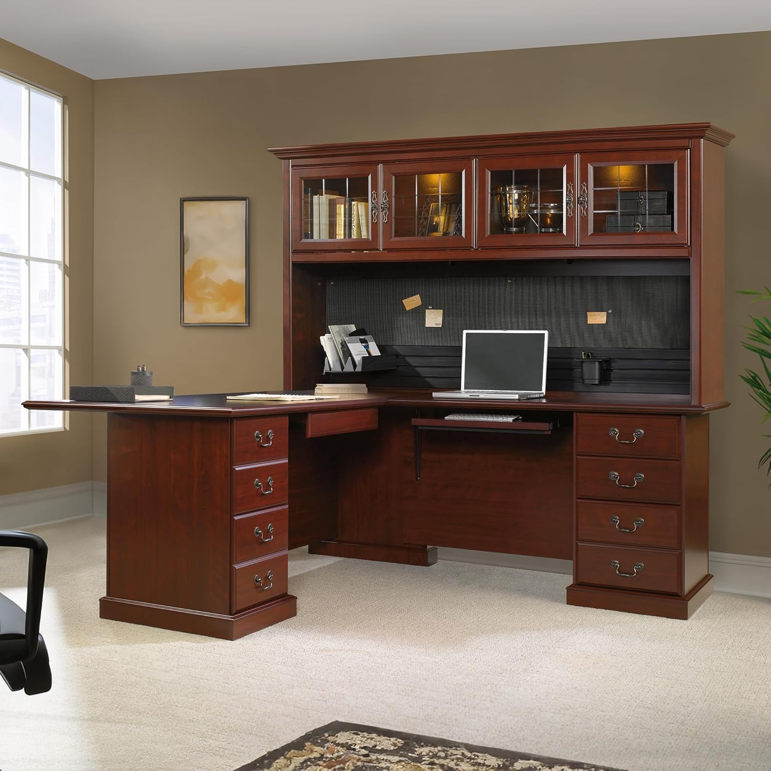 L-Shaped Desk with Office Hutch, Classic Cherry U7591