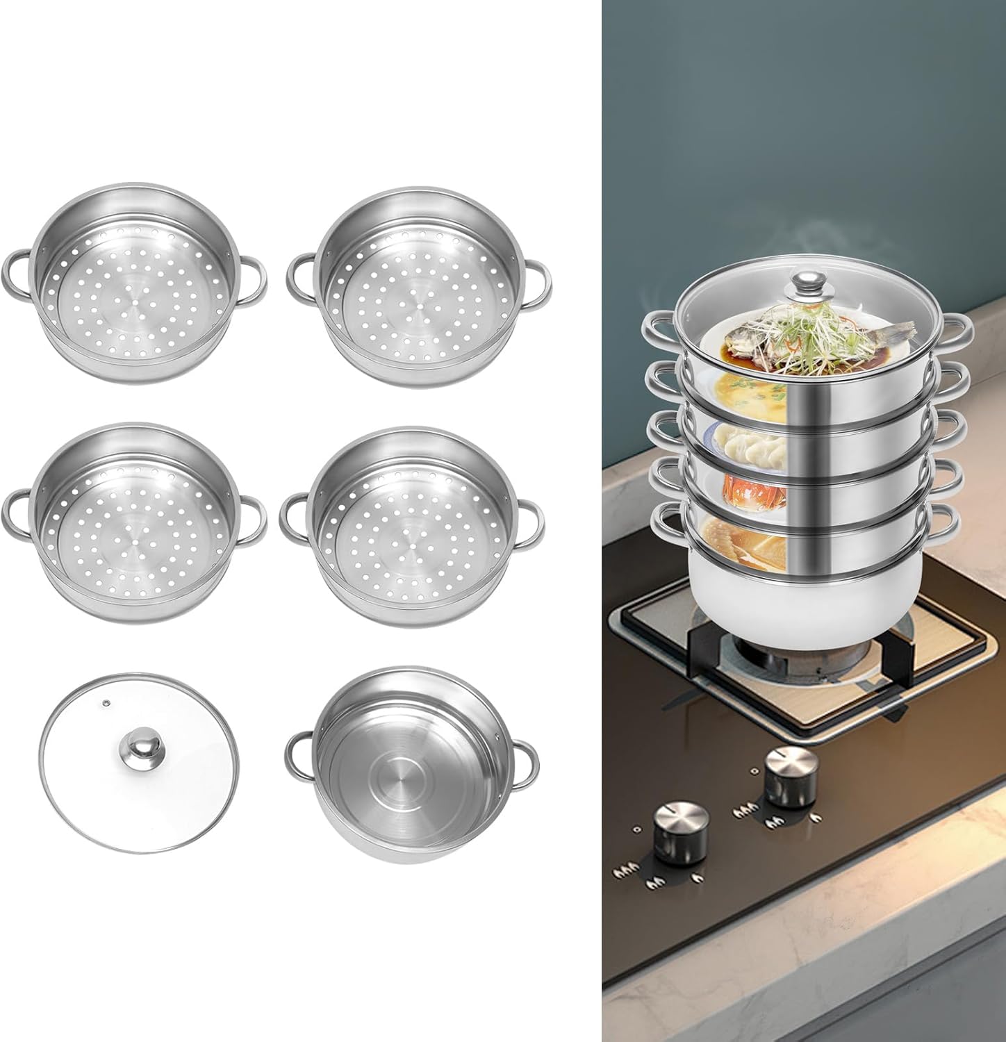 5 Tier Stainless Steel Steamer Pot with Glass Lid, 10 Inch R635966