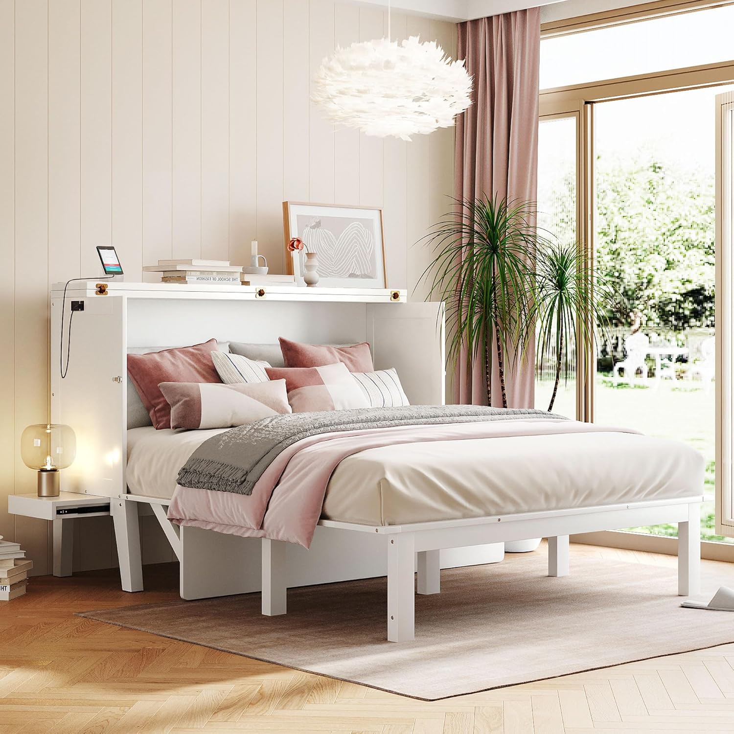 Murphy Bed Queen with Desk Board and Removable Shelves,Wooden Murphy Bed Cabinet with Charging Station, Space-Saving Modern Murphy Cube Wall Bed for Guest Room Home Office, White