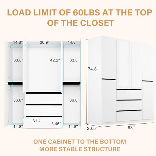 4 Door Wooden Wardrobe Closet with Mirror and Hanging Rod H38907