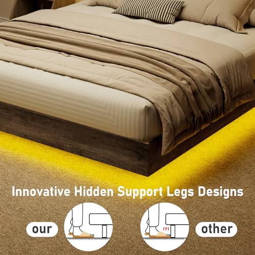 Floating Platform Bed Frame with Headboard and LED Light, Rustic Grey L9697