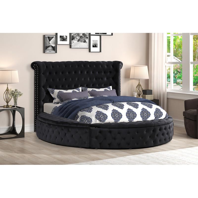 Velvet tufted upholstered platform storage bed with button tufting and storage compartments, California King J8195