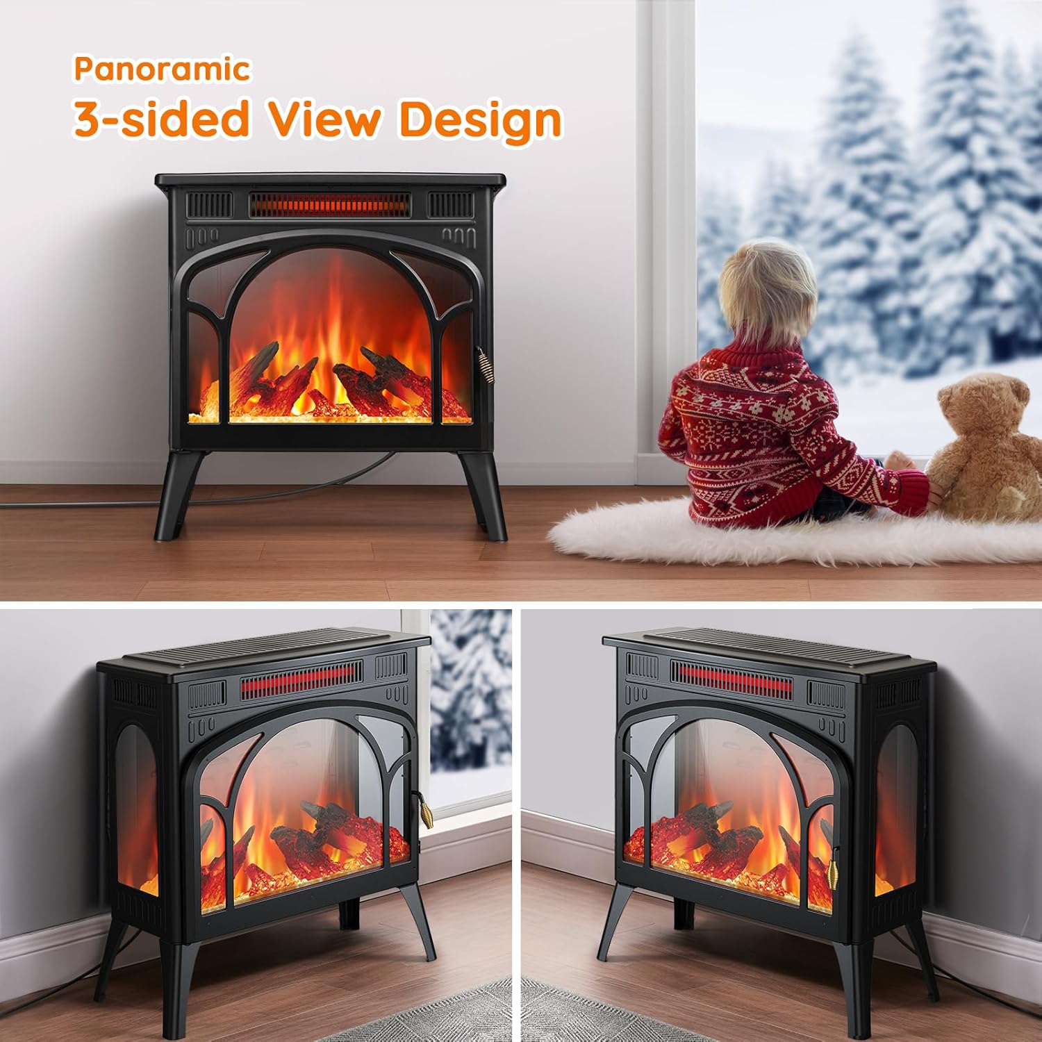Electric Fireplace Heater, 1500W Infrared with 3D Flame Effect and Remote Q272199