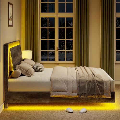 Floating Platform Bed Frame with Headboard and LED Light, Rustic Grey L9697