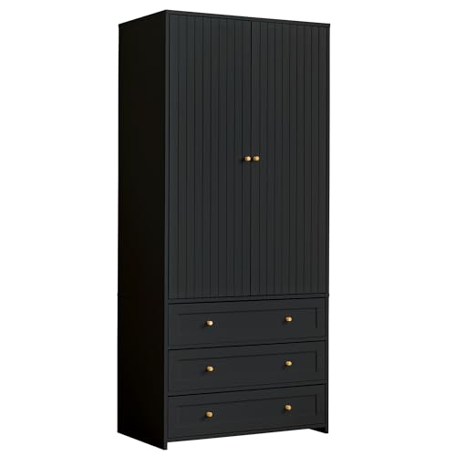 Wardrobe Armoire with 3 Drawers and 2 Doors, Freestanding Wooden Storage Cabinet for Bedroom H146302