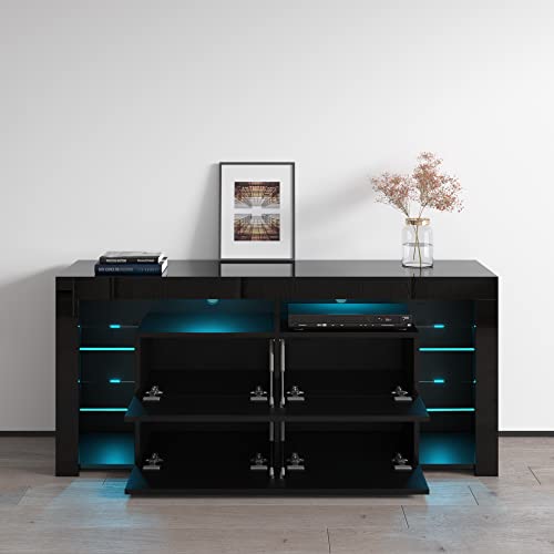 TV Stand for TVs up to 70", Modern High Gloss Entertainment Center with Storage and LED Lights U818