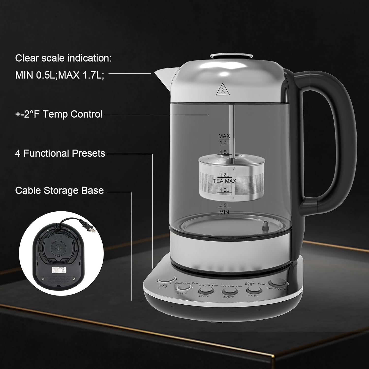 Smart Electric Kettle with Temperature Control & Tea Infuser - 1.7L Glass Water Boiler V7310