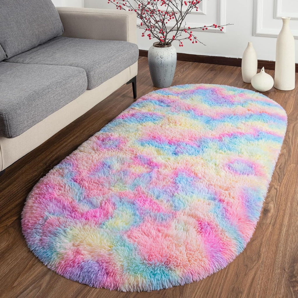Fluffy Shag Area Rugs for Bedroom, Set of 2, Grey & Rainbow, Oval Indoor Carpet D990699
