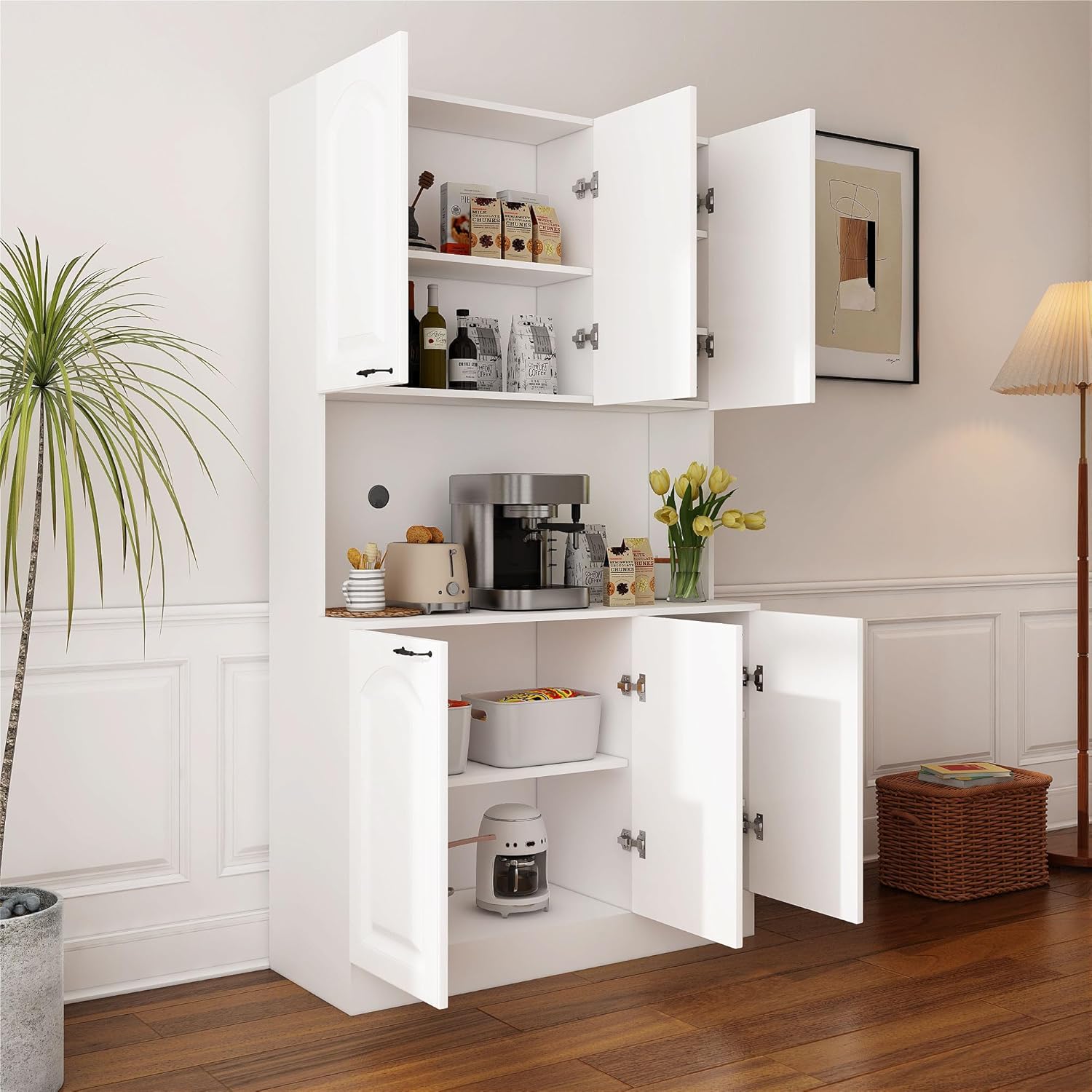 Tall Storage Cabinet with Shelves and Microwave Stand, White Z8529
