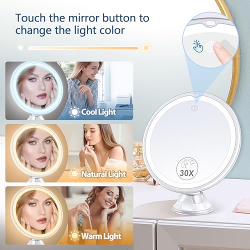 Lighted Makeup Mirror with 30X Magnification, 3 Color Modes, Adjustable Brightness P3600