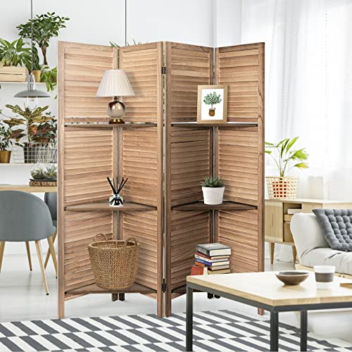 Room Divider with Shelves, 4 Panels, Folding Privacy Screen, Freestanding Wood Divider S191