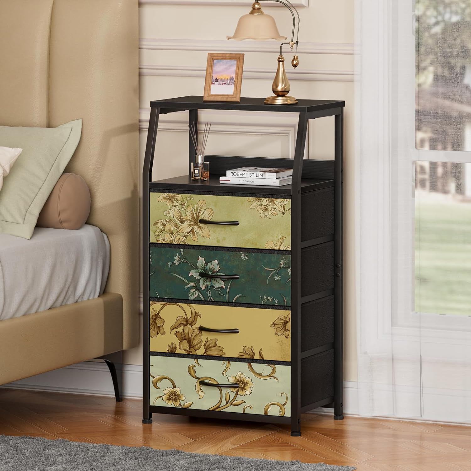 Nightstand with 4 Storage Drawers, LED Light and Charging Station Z553977