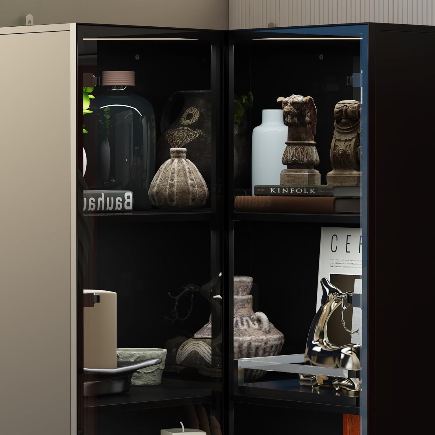 Corner Storage Cabinet with Glass Door and Light, 2 Doors and 4 Shelves, Black W407994
