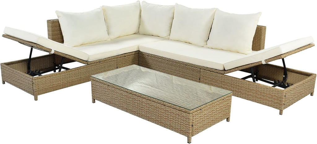 Patio Furniture Set with Wicker Sectional Sofa and Glass Table G133178