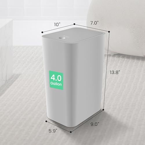Bathroom Trash Can with Lid, 4 Gallon / 15 Liter, Plastic Wastebasket, White K52378