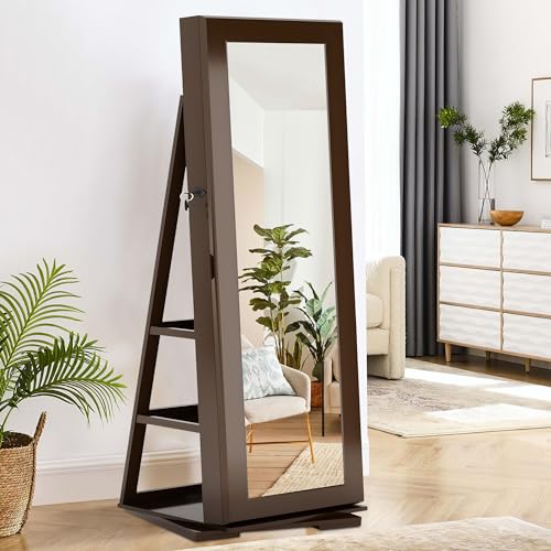 Rotating Jewelry Cabinet with Mirror, Full Length Wooden Storage Armoire with Lock J1222