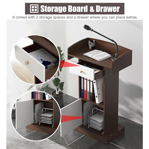 Floor Standing Lectern Podium with Drawer, Wooden Speaking Stand for Classroom and Meeting Rooms U976