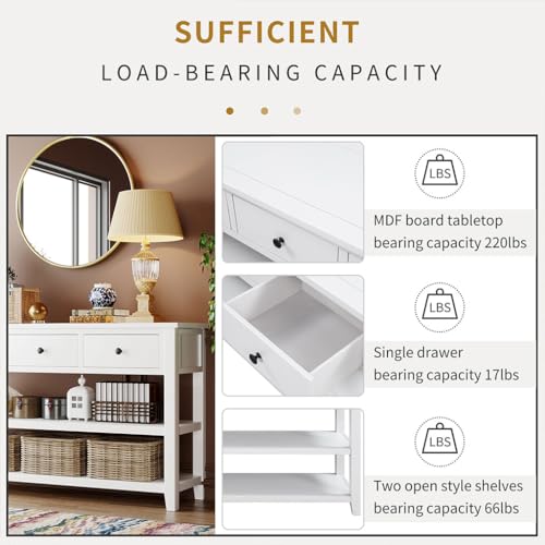 Retro Console Table with 2 Shelves and 3 Drawers, Solid Wood, Beige R22906