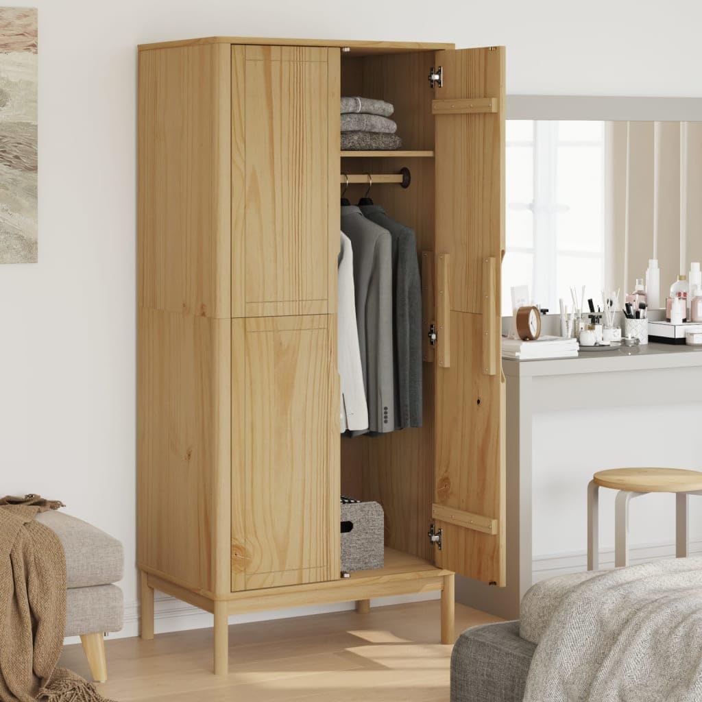 Wardrobe Solid Pine Wood Wax Brown with Wooden Legs P476368
