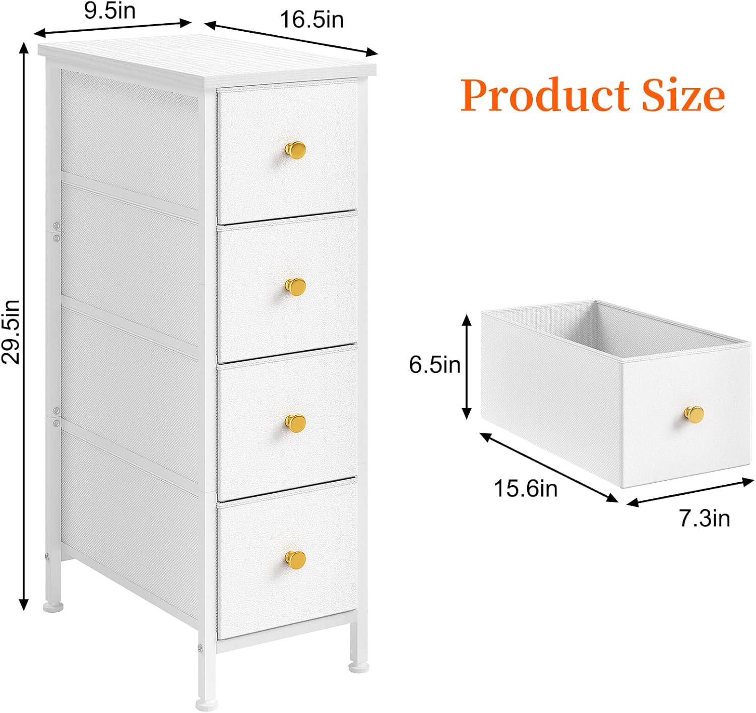 Narrow Storage Cabinet with 4 Drawers, Slim Fabric Dresser Tower for Small Spaces, White with Steel Frame and Wood Top M87984