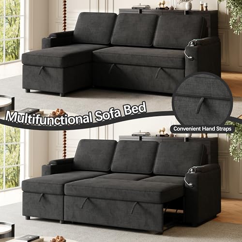 L-Shaped Sofa Bed with Chaise and Cup Holder, Convertible Sleeper, Dark Grey W207865