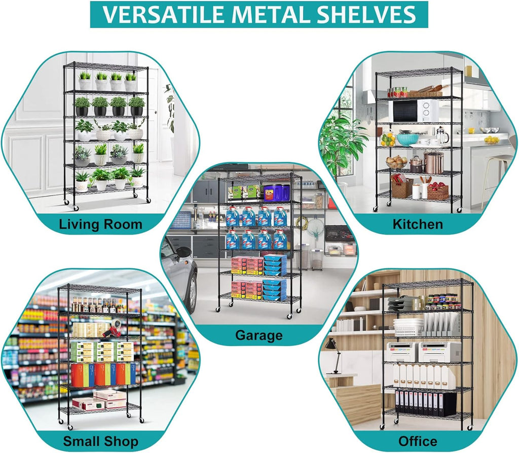 6 Tier Wire Shelving Unit with Wheels, Heavy Duty Adjustable Storage Shelf K67385