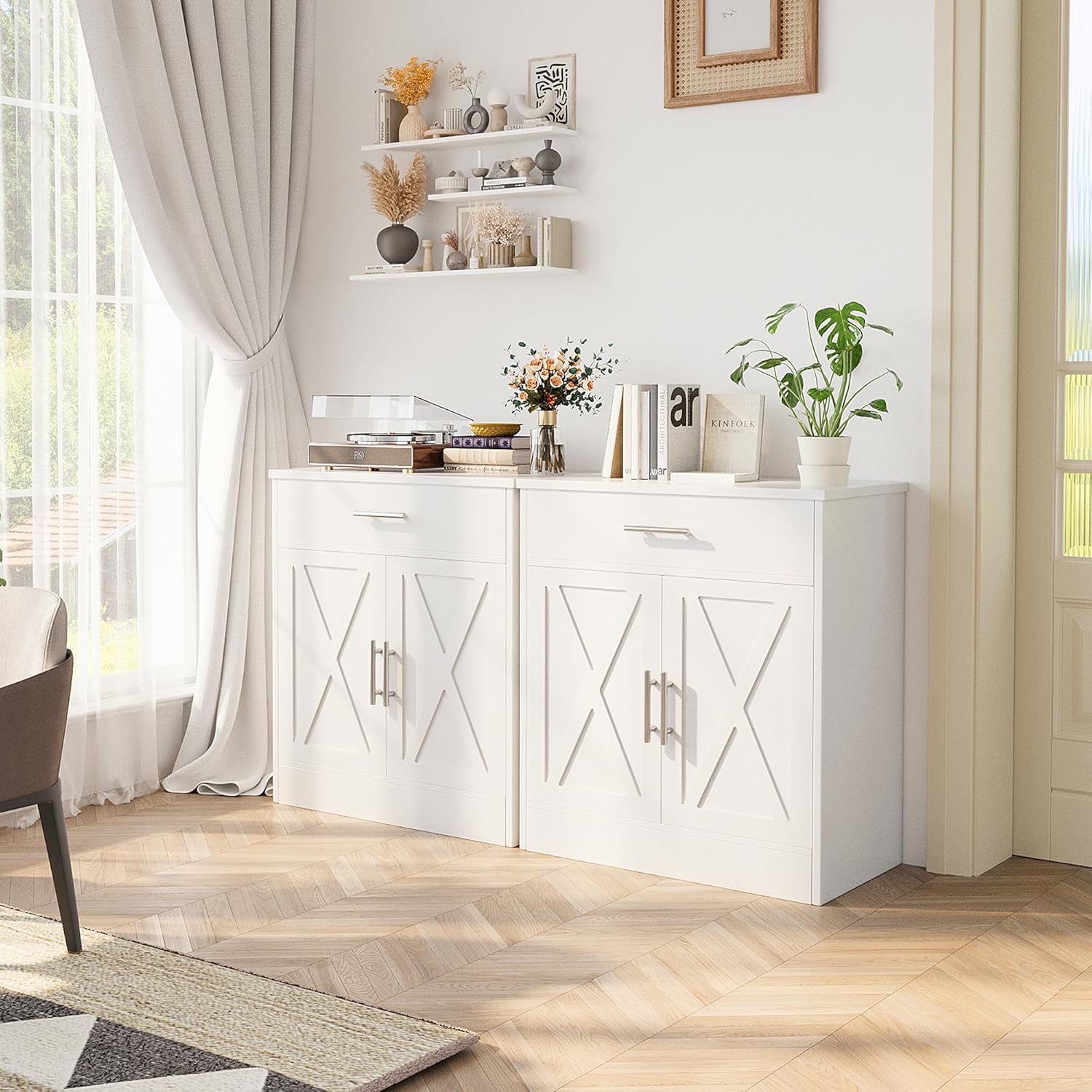Modern Farmhouse Sideboard Buffet Cabinet with 2 Doors and Storage, Ivory White J8243