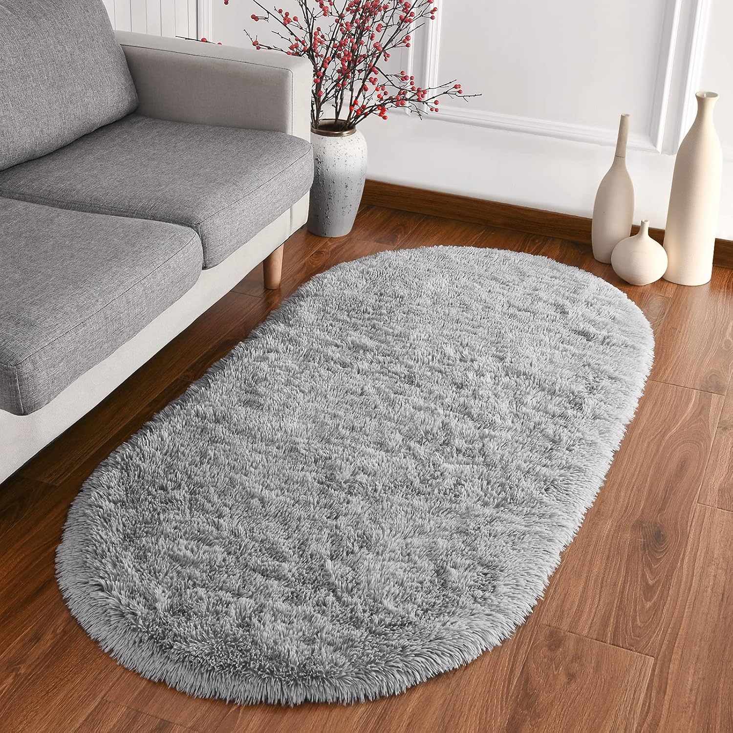 Fluffy Shag Area Rugs for Bedroom, Set of 2, Grey & Rainbow, Oval Indoor Carpet D990699