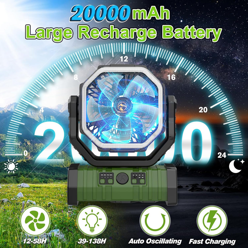 Rechargeable Portable Camping Fan with LED Lantern, Remote, and Hook N6398
