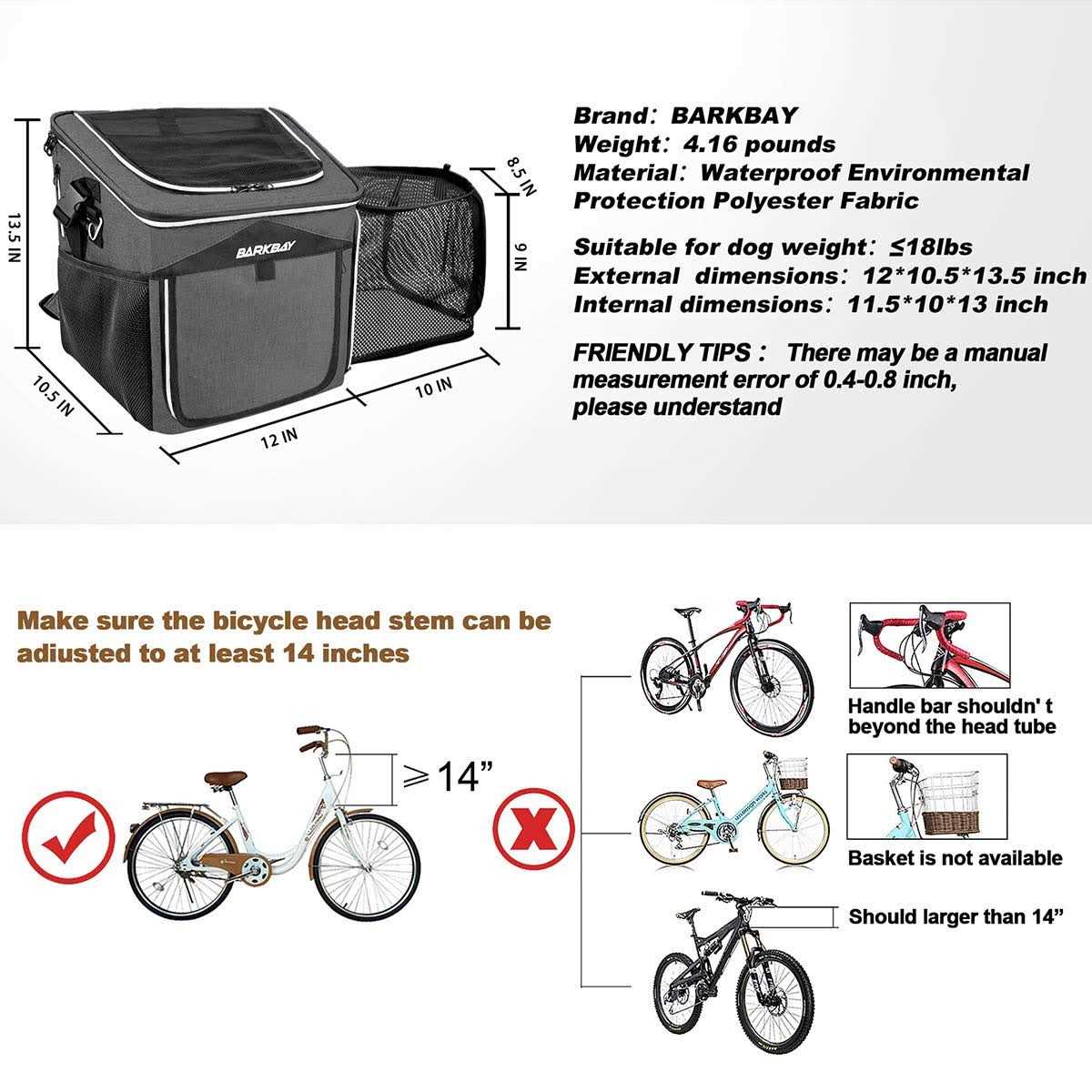 Dog Bike Basket Carrier Expandable Foldable Soft-Sided J490