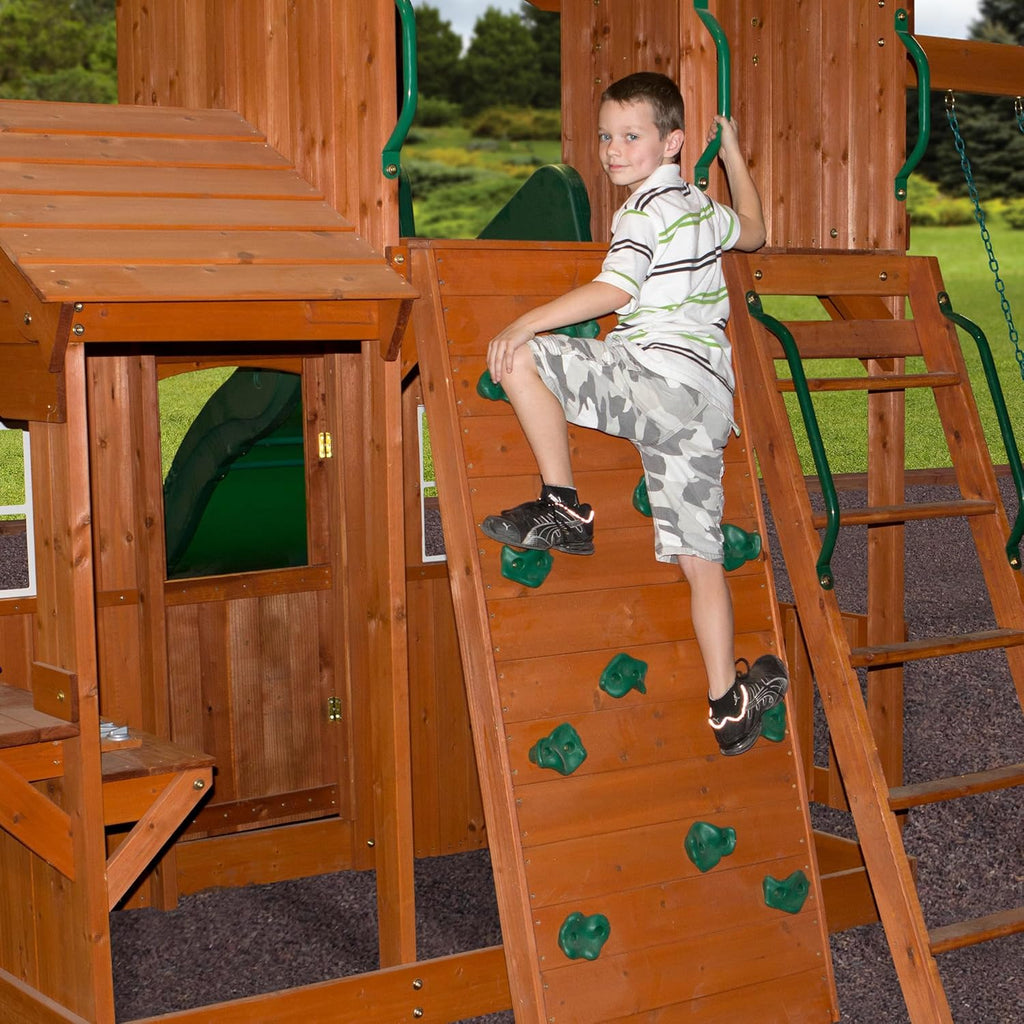 All Cedar Wooden Playset Swing Set with 2 Belt Swings, Trapeze Bar, 10 ft Wave Slide, Covered Playhouse, Rock Wall J462627