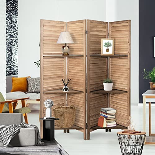 Room Divider with Shelves, 4 Panels, Folding Privacy Screen, Freestanding Wood Divider S191