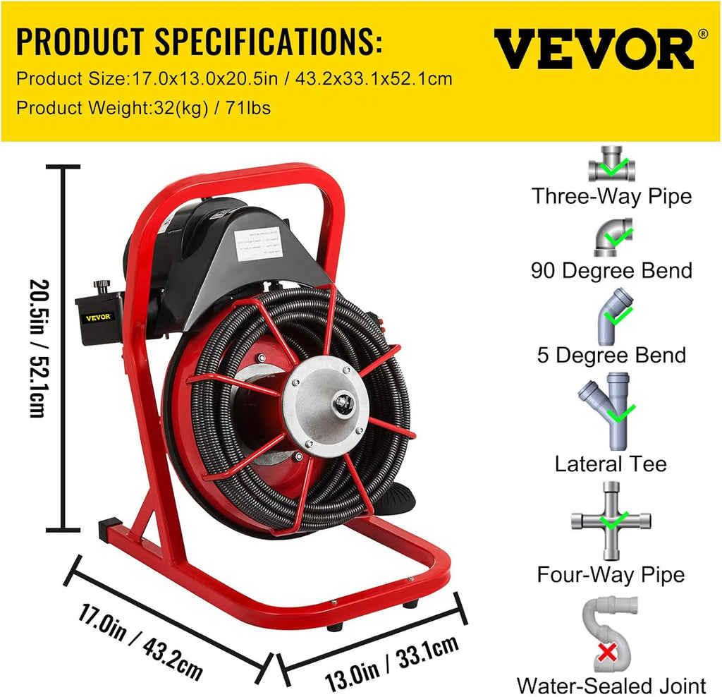 Drain Cleaner for 1 to 4 Inch Pipes with 8 Auger Bits, 50 ft N359920