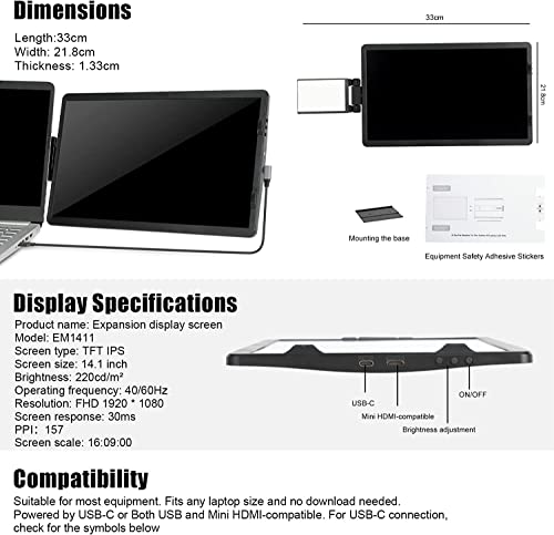 Portable Laptop Monitor 14 inch, 360° Rotatable Dual Screen H611