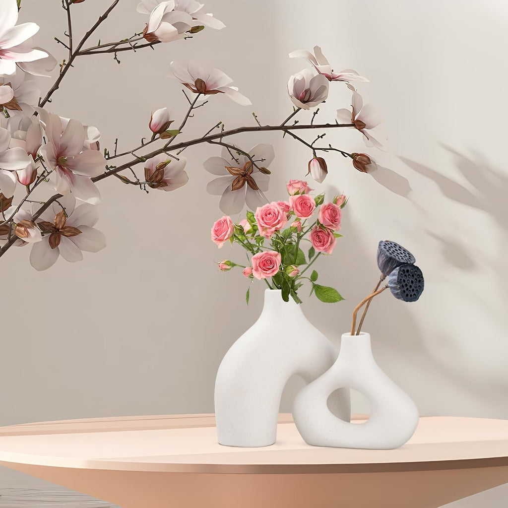 White Ceramic Vase Set of 2, Matte Donut Vases for Pampas Grass R76837