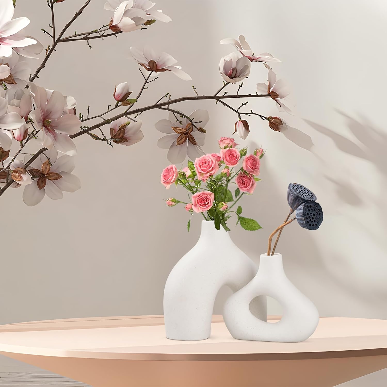 White Ceramic Vase Set of 2, Matte Donut Vases for Pampas Grass R76837